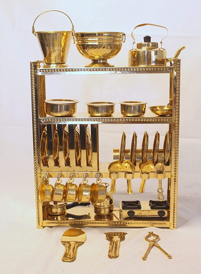 Tirtha Enterprises Handcrafted Brass Miniature Kitchen Set/Bhatukali/Toy Set/Home Decor/choppu Jaman/Real Cooking Kit for Play with Brass Stand (Gold 4) - Image 3